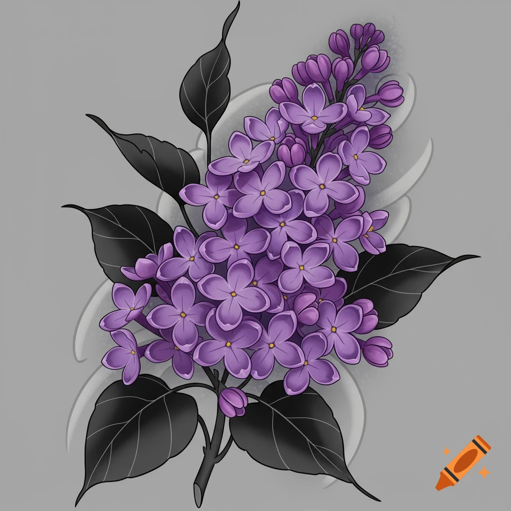 Purple lilac flowers with black leaves in a tattoo style.