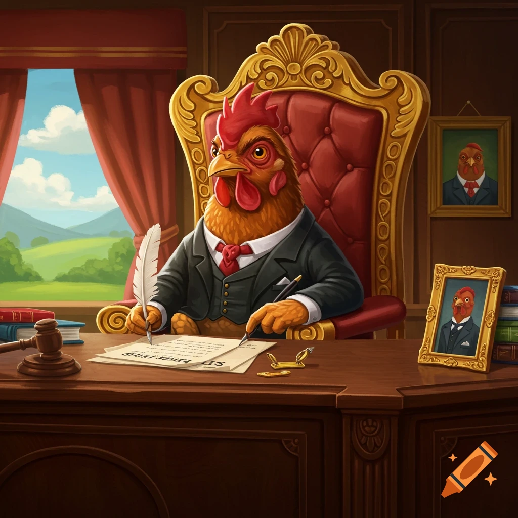 An anthropomorphic chicken president in a suit is signing a document at a desk in an office.