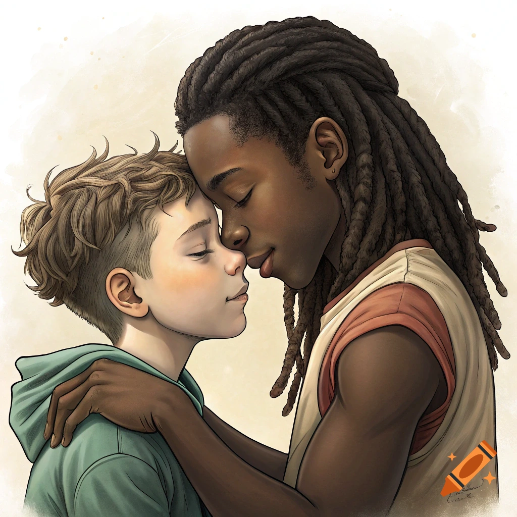 Illustration of two boys with eyes closed, embracing tenderly.