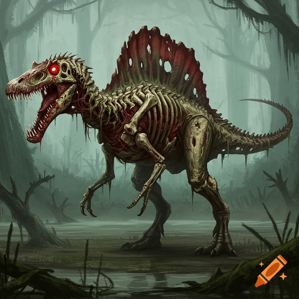 An undead, skeletal Spinosaurus dinosaur with red eyes standing in a swampy forest.