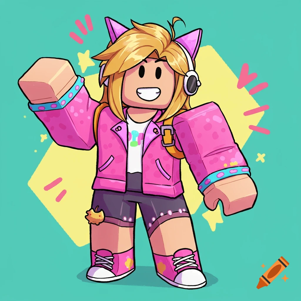 Cartoon of a Roblox character wearing a pink jacket and headphones, raising one arm.