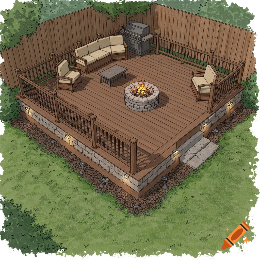 Top-down sketch of a backyard deck with furniture, fire pit, and landscaping lights.