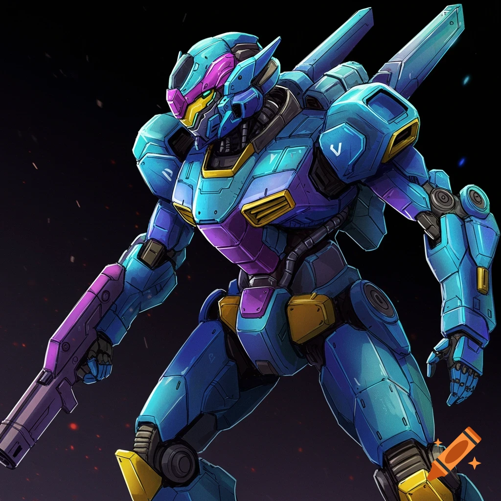 A blue and purple mecha suit holds a large gun.