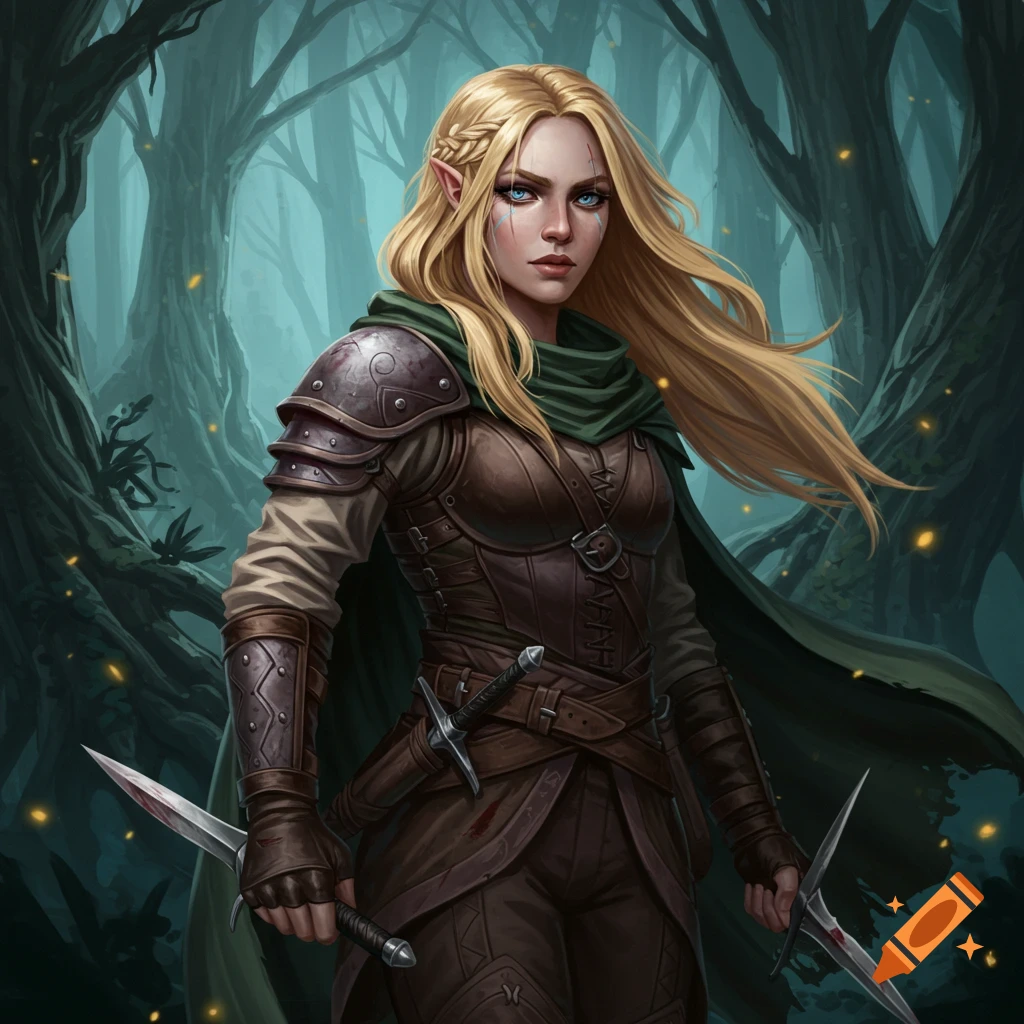 Image of a blonde female fantasy character in armor holding swords in a forest.