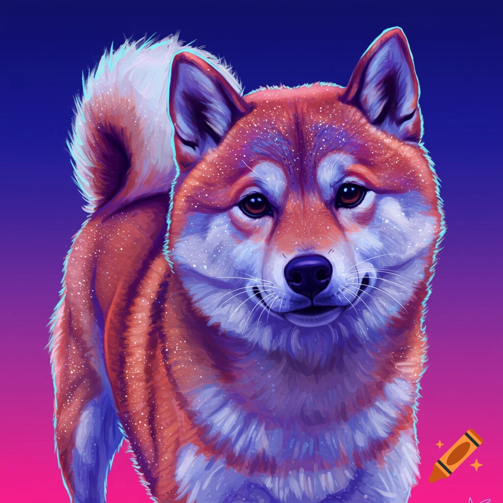 A sparkly Shiba Inu dog against a purple and pink background.