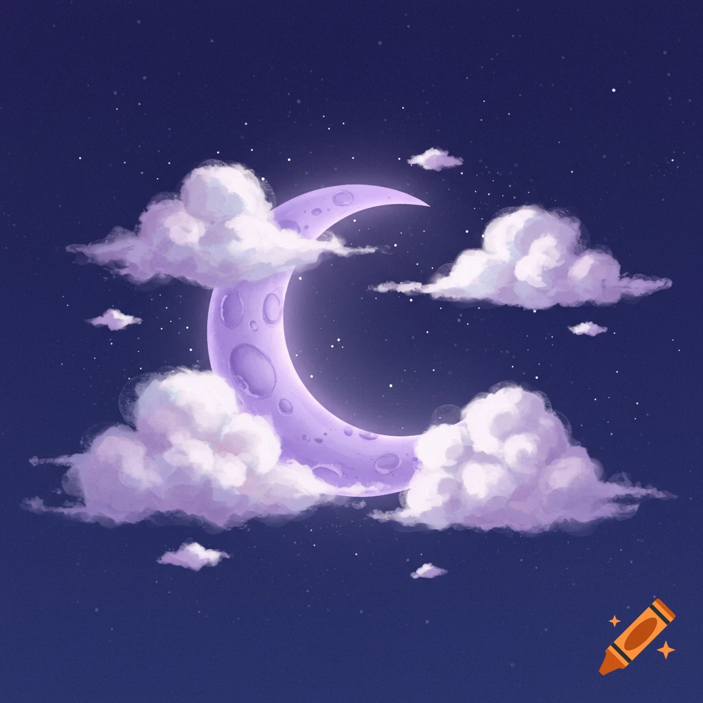 Purple crescent moon with clouds in a starry night sky