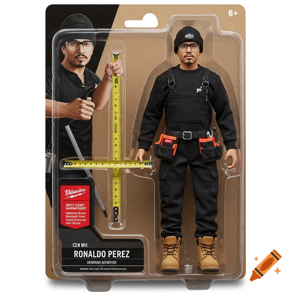 Action figure of a man in a toolbelt holding a tape measure in blister ...