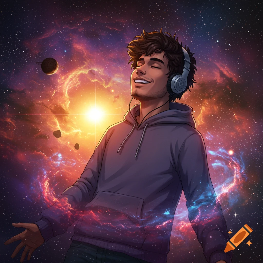 A happy person listening to music while floating in a vibrant, colorful galaxy with stars and planets.