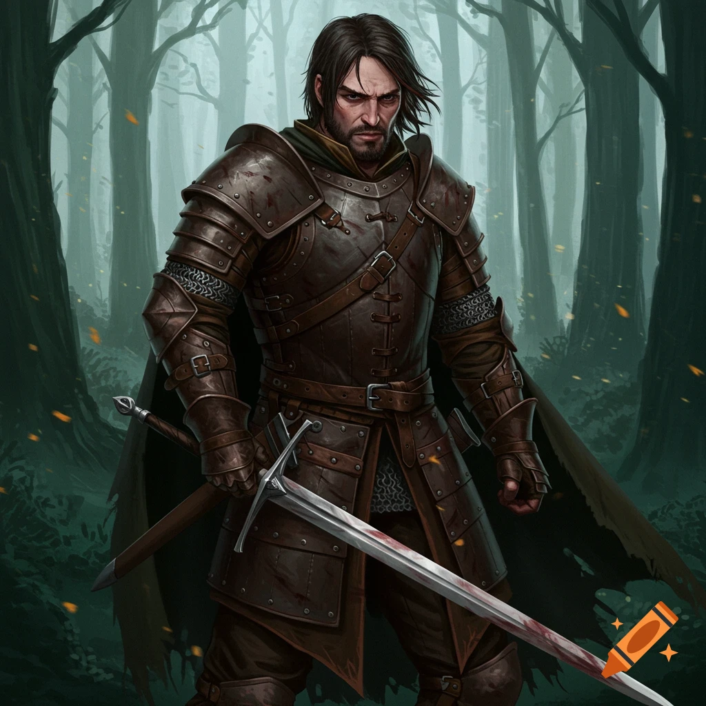 A medieval fantasy sellsword mercenary in leather armor holding a bloody sword in a forest.