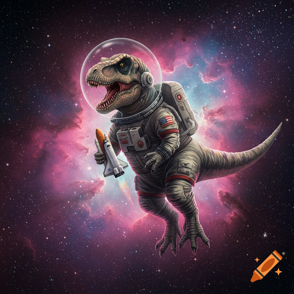 A Tyrannosaurus Rex in an astronaut suit holds a rocket ship while floating in space.