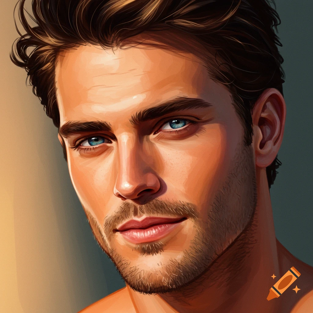 A close-up of a handsome man's face with dramatic lighting.