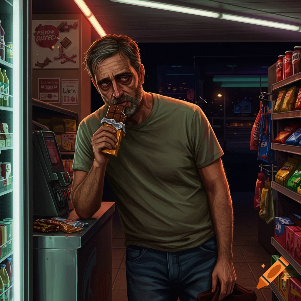 A tired man eating a chocolate bar in a gas station.