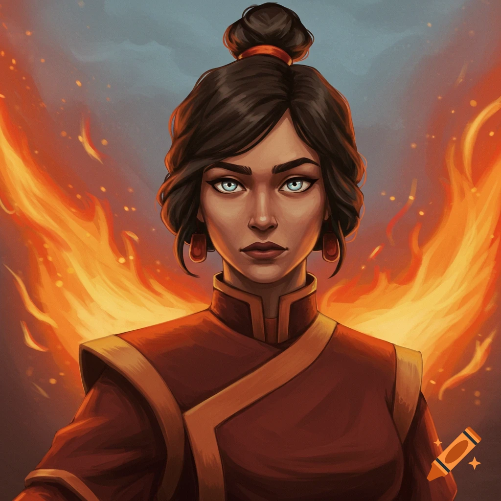A woman with her hair in a bun, standing before a large burst of fire.
