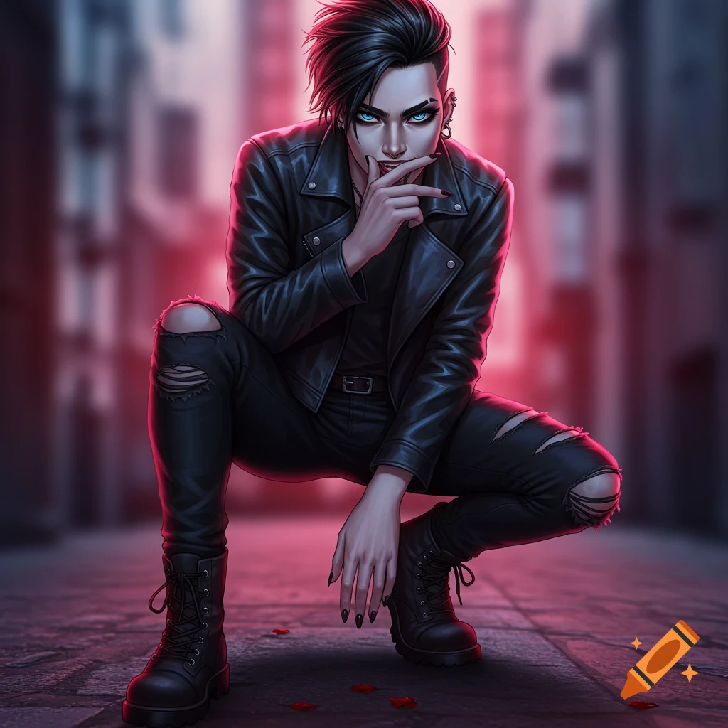 A person in dark clothes is crouching in an alley with red lighting.