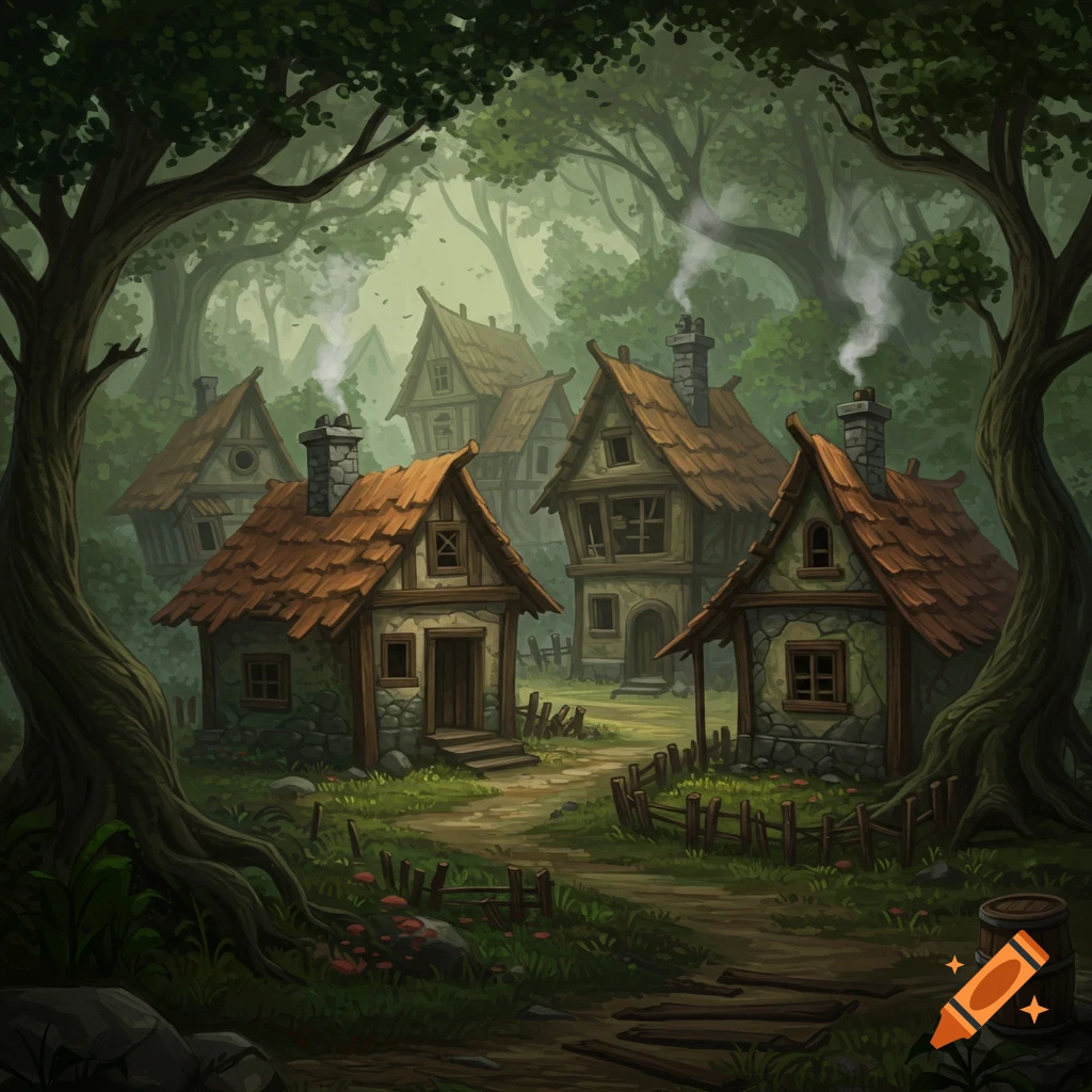 A rustic fantasy village nestled in a forest.