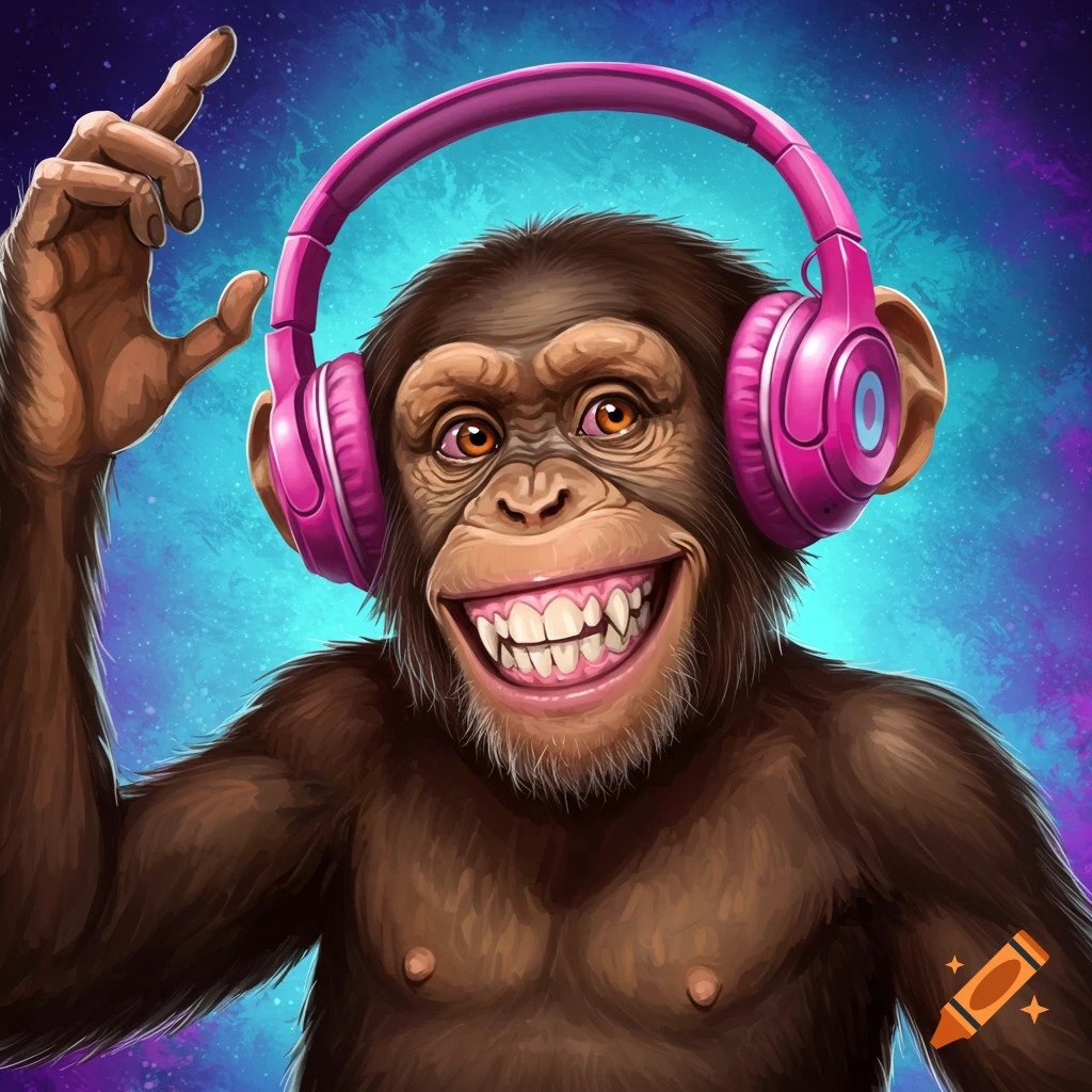 A chimpanzee wearing pink headphones and making a silly face against a colorful background.