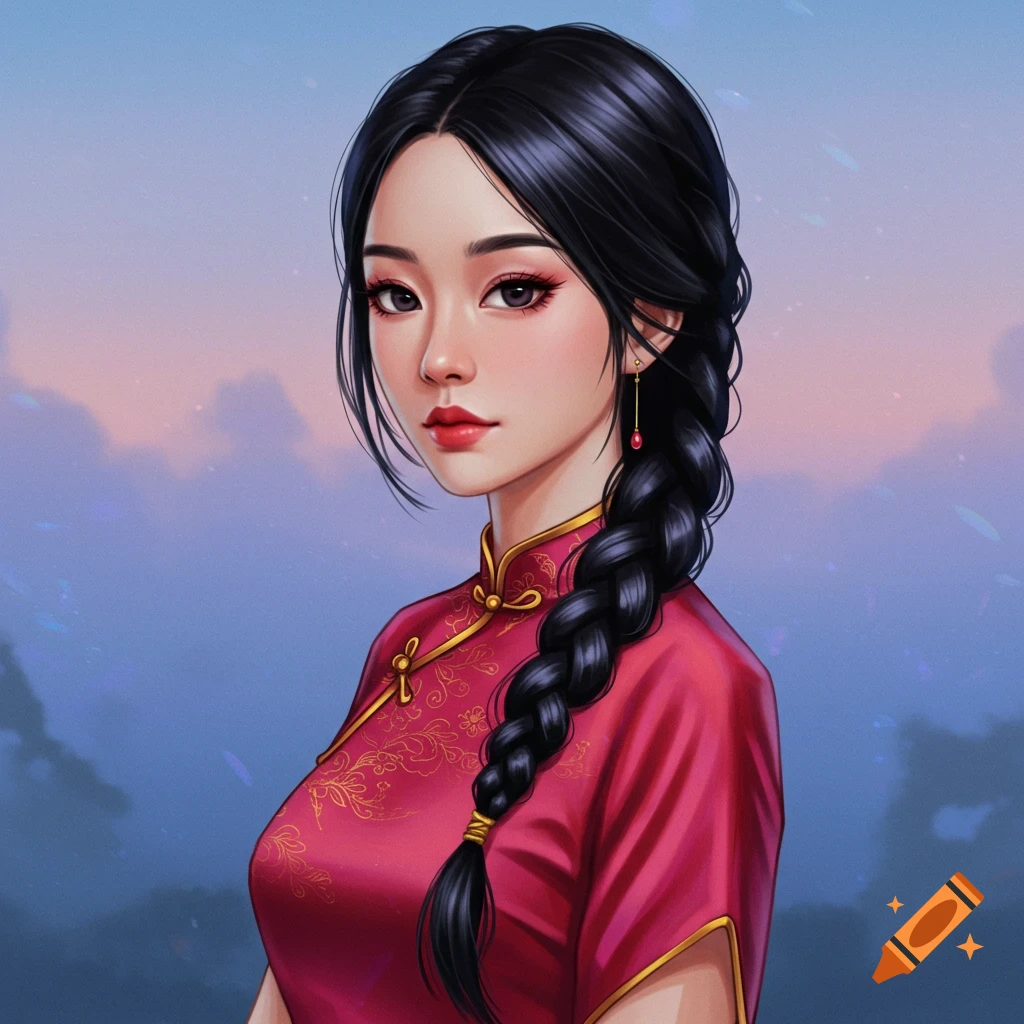 An Asian woman in a red dress with a long braid.
