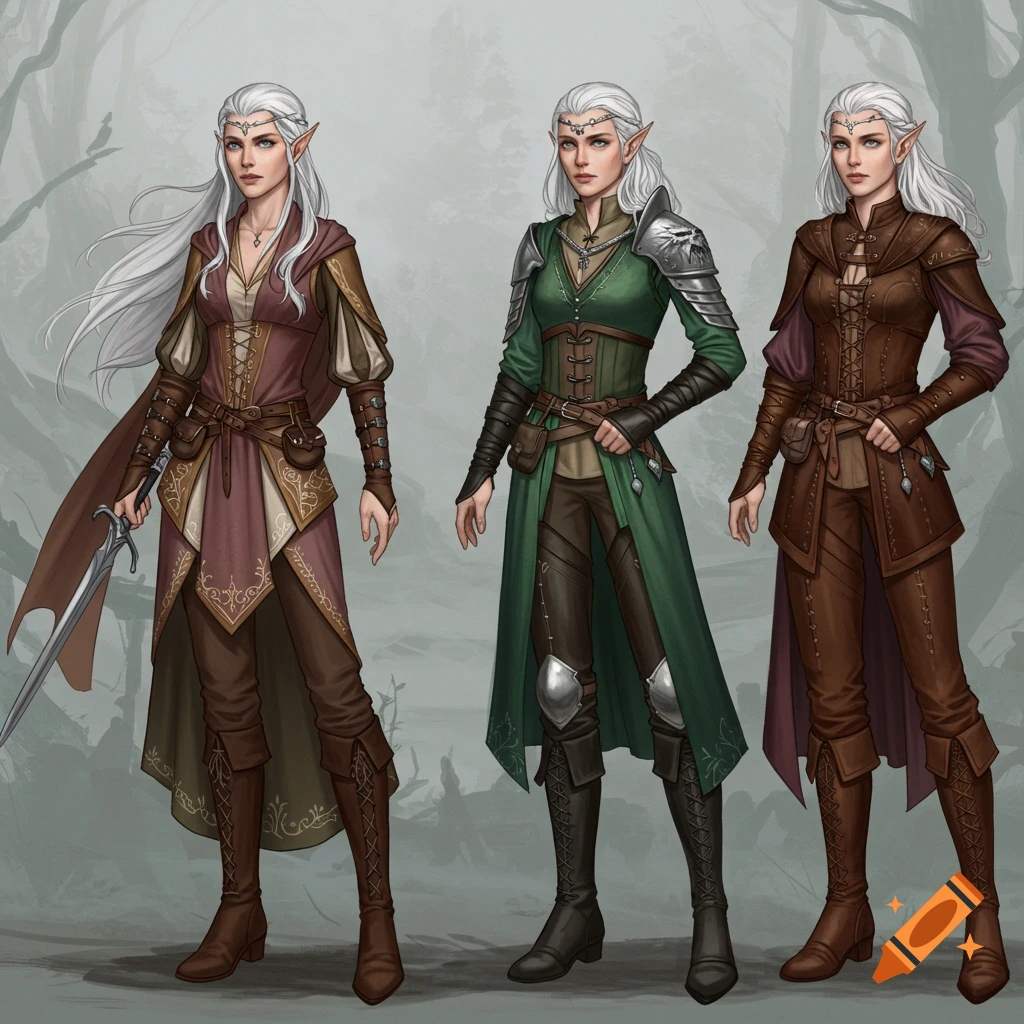 Three female elf characters in different fantasy outfits standing in a lineup.