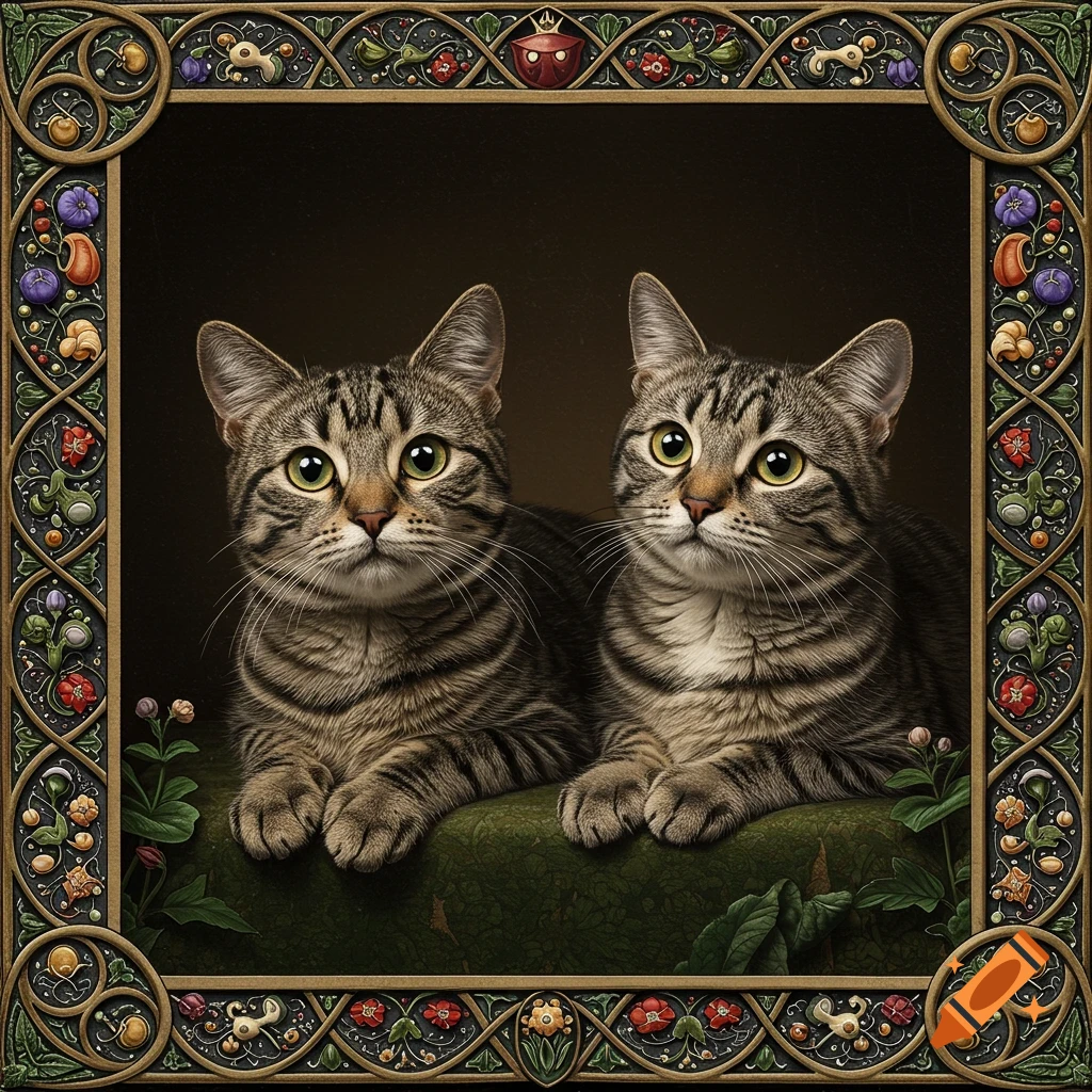 Two tabby cats in an ornate medieval-style frame.