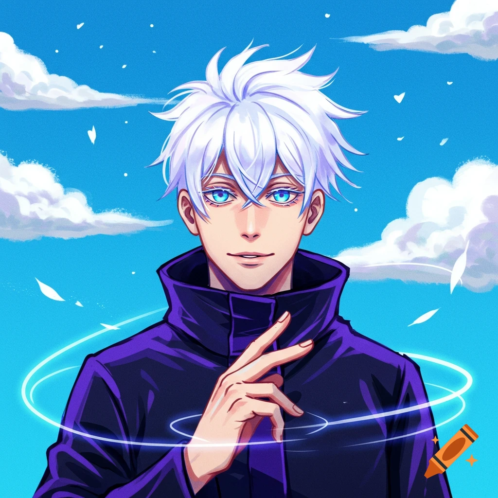 Anime character Gojo Satoru with white hair, blue eyes, and a purple jacket, with light effects around his hand.