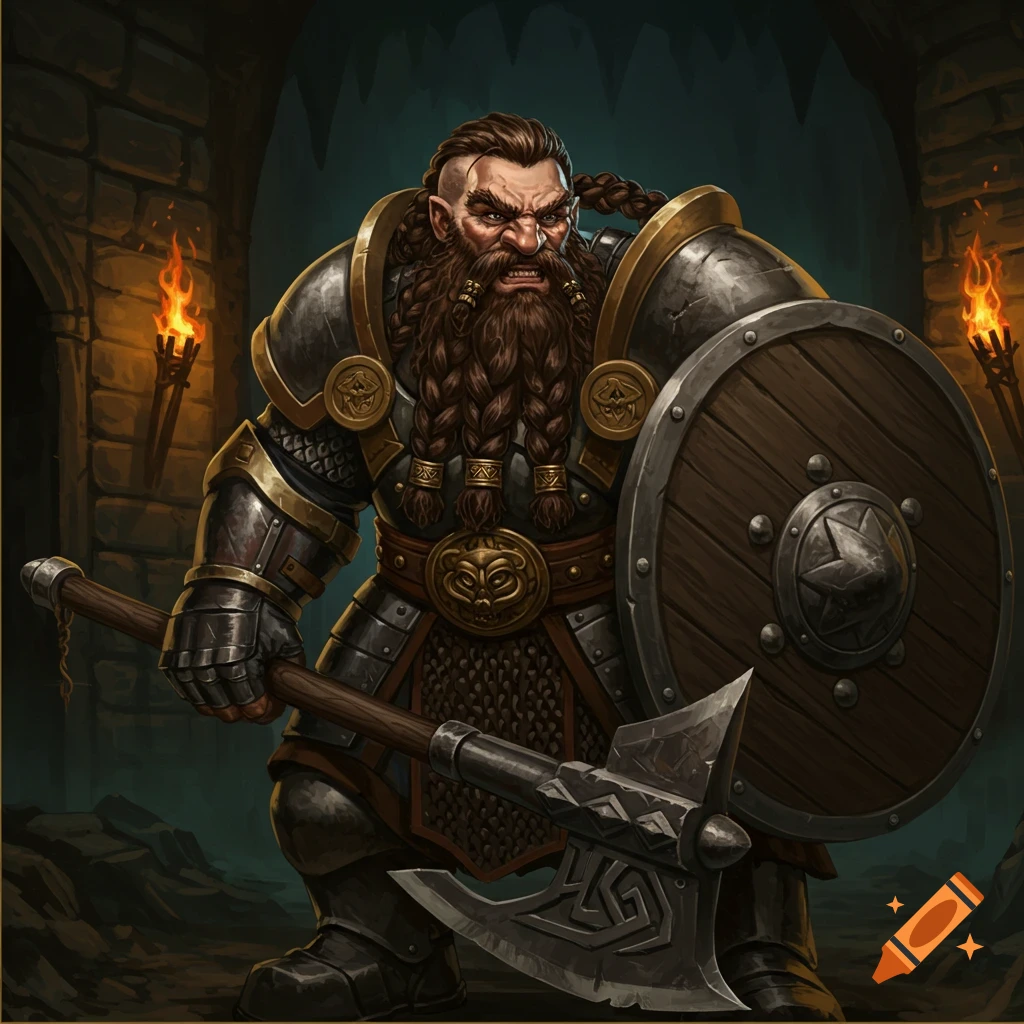 A dwarf warrior in armor holding an axe and shield in a dungeon.