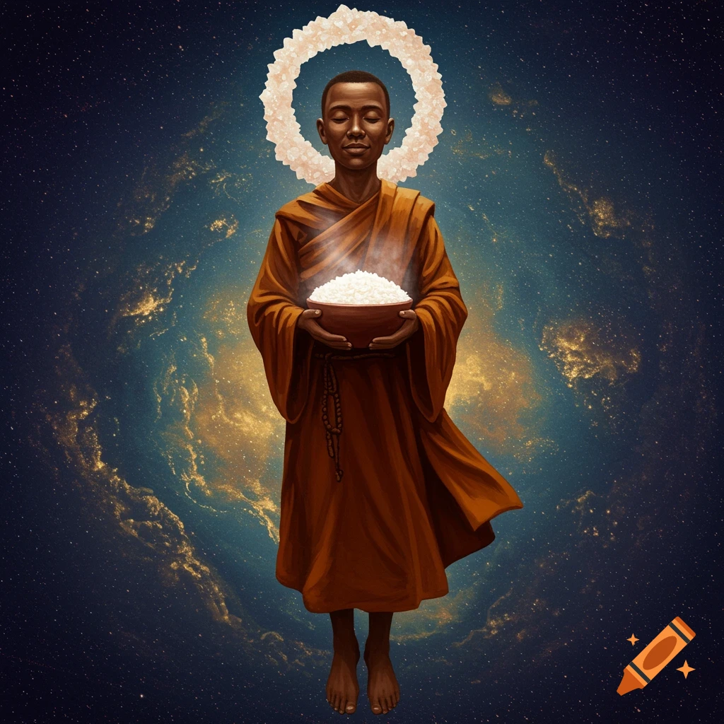 A monk holds rice in space with a salt crystal halo.