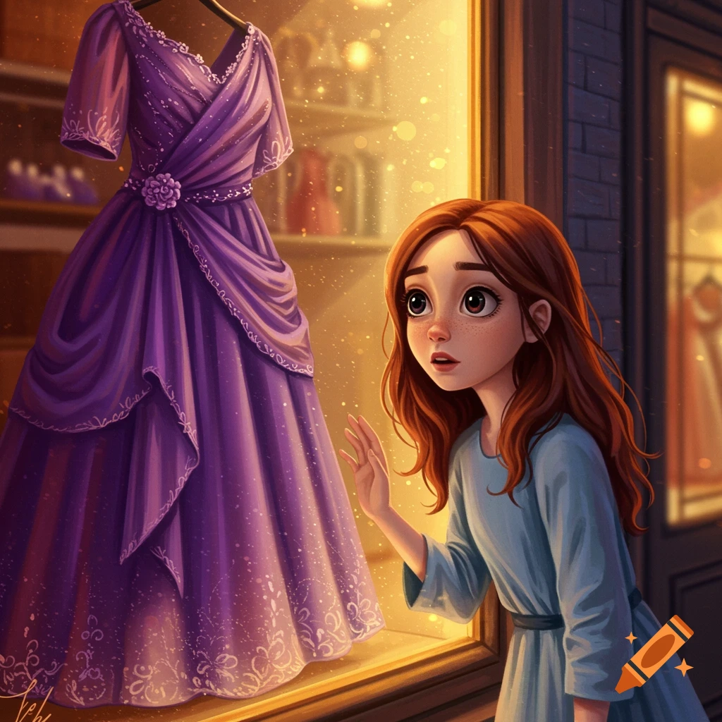 A young girl looks into a shop window at a purple dress.