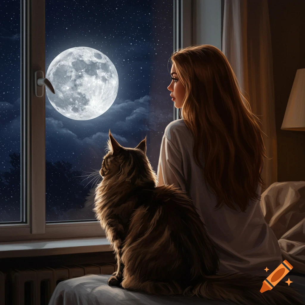A woman and a cat are looking out a window at a large full moon in the night sky.