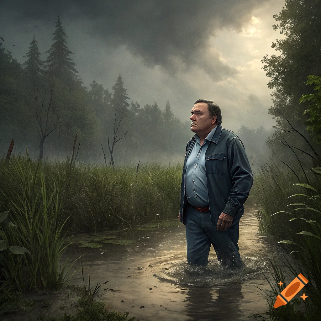 A man stands in a murky swamp surrounded by tall grass and trees under a cloudy sky.