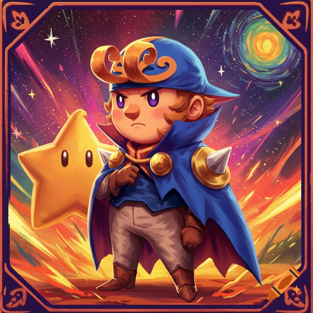 Geno from Super Mario RPG stands beside a star in a colorful cosmic scene.