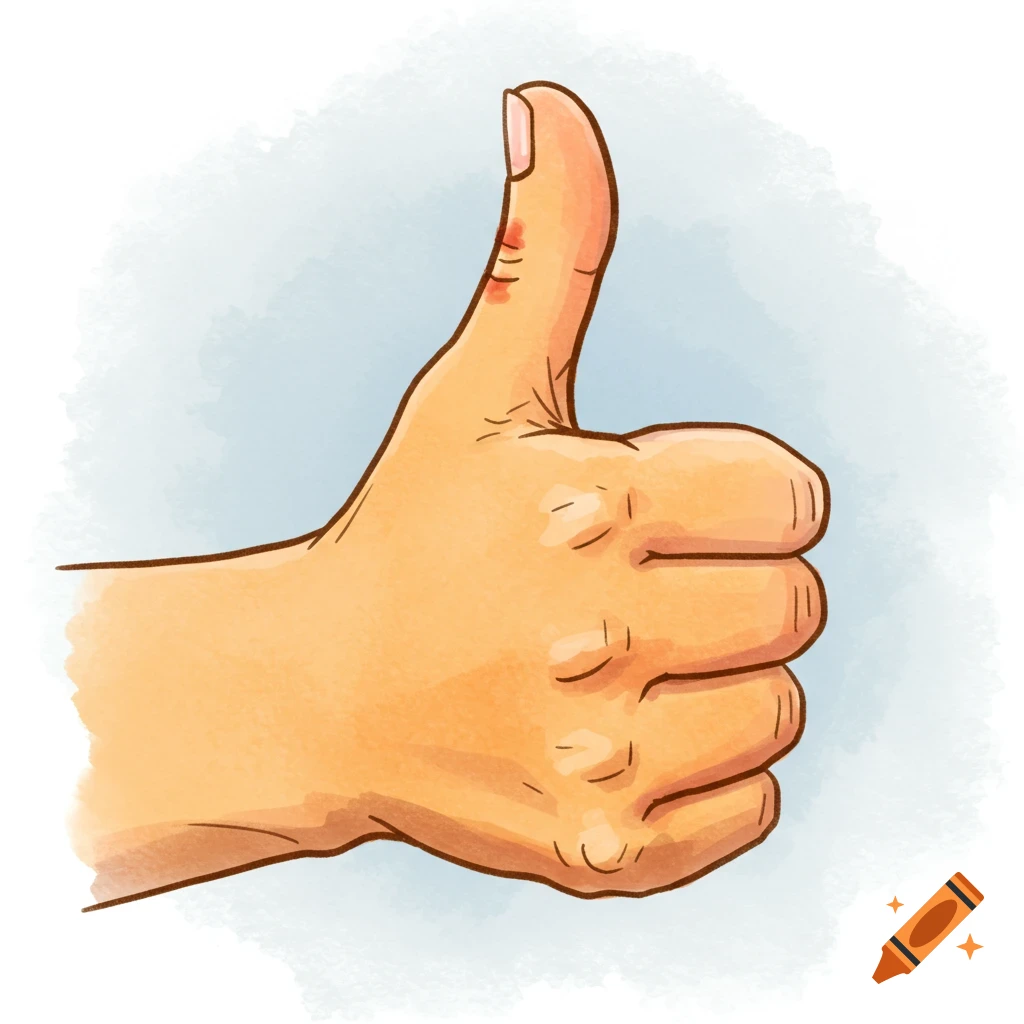 Hand-drawn watercolor illustration of a hand giving a thumbs up with a slightly bleeding hangnail.