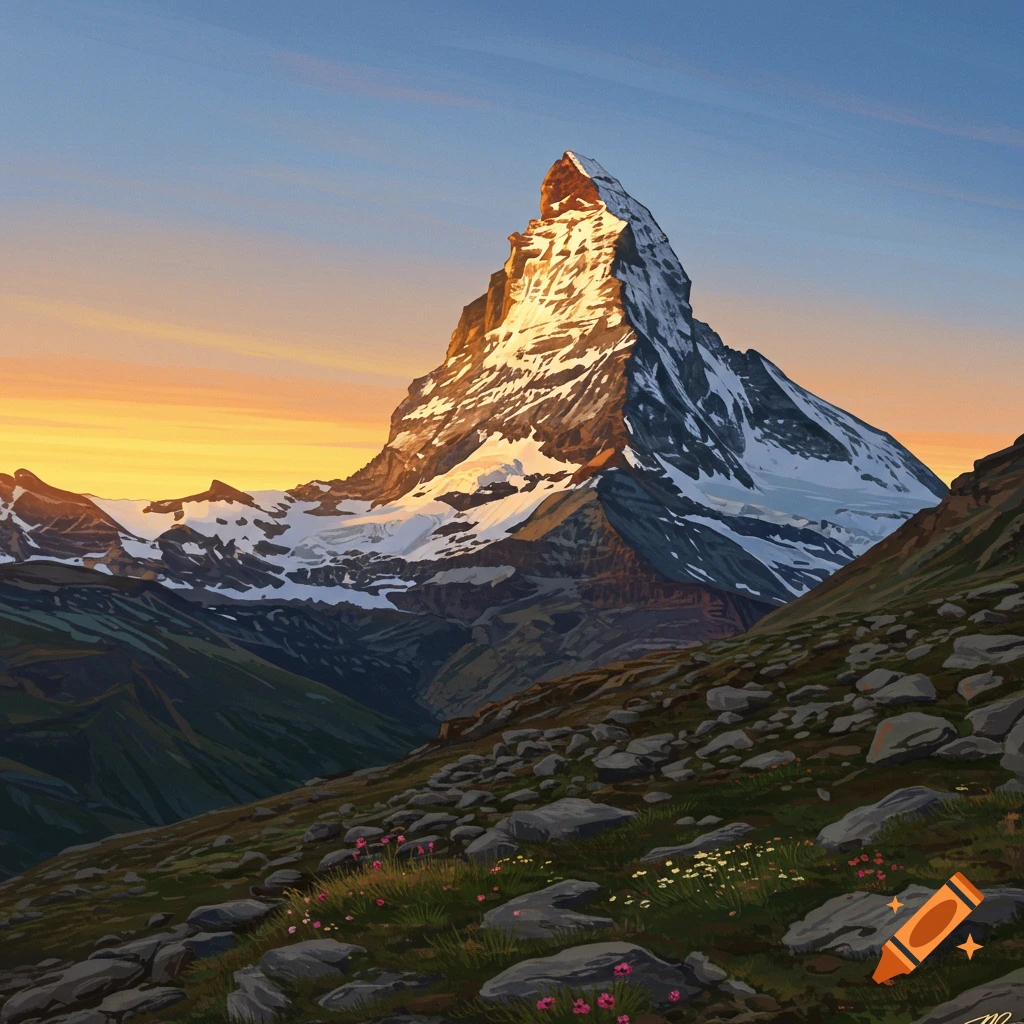 The Matterhorn mountain at sunset with sunlit peak and rocky foreground