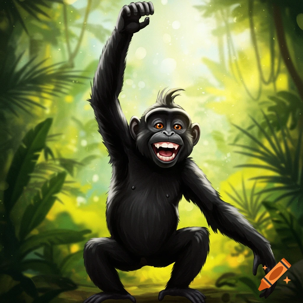 Cartoon black monkey dancing in a jungle.