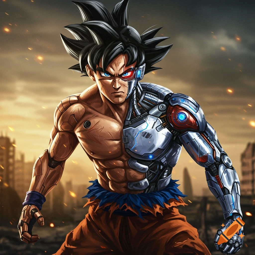 Goku as a cyborg with robotic enhancements in a battle scene.