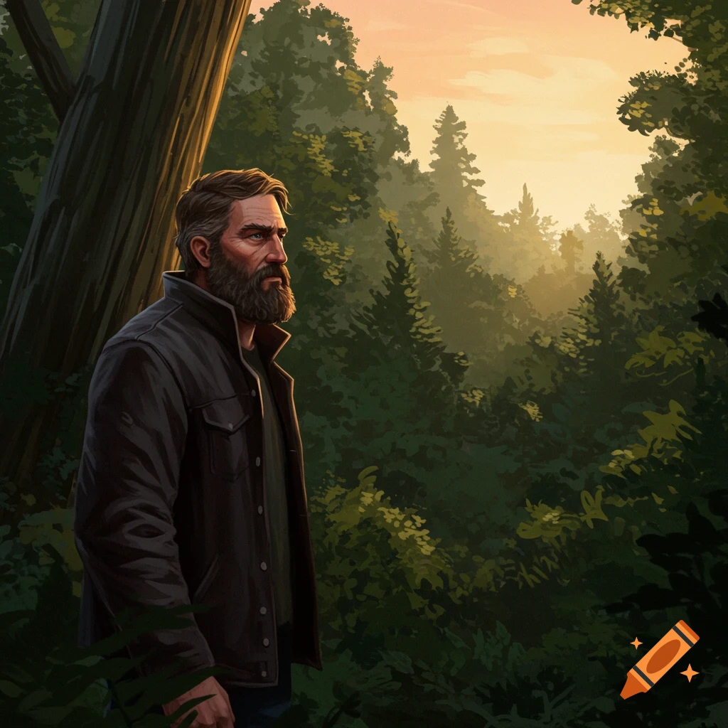 A man with a beard overlooking a lush forest at sunset.