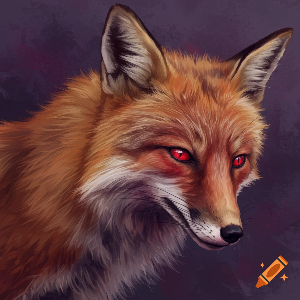 Head of a fox with striking red eyes.