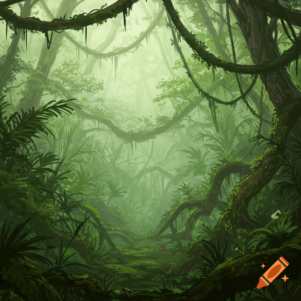 A deep, misty rainforest with vines and lush green foliage.