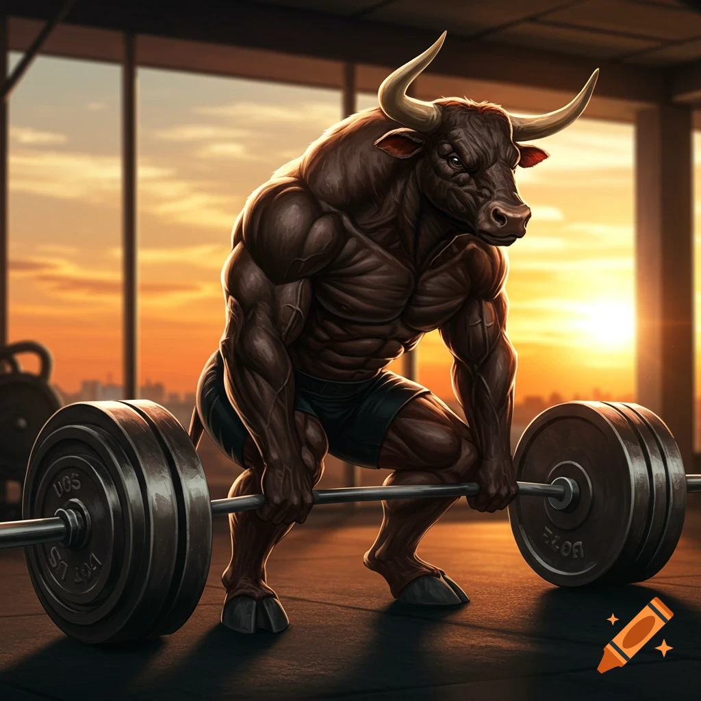 A muscular bull with hooves deadlifts a barbell in a gym at sunset.