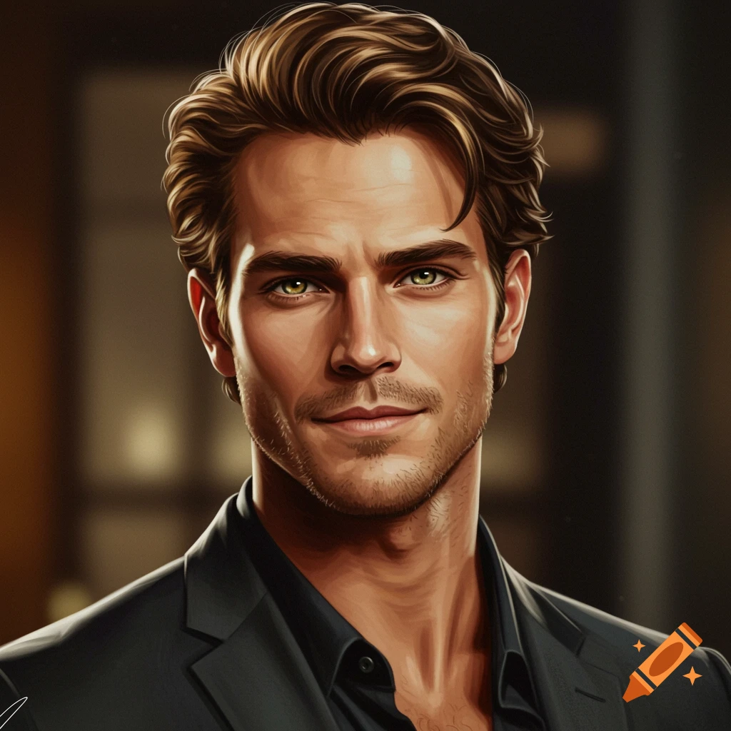 A man with wavy brown hair and green eyes, wearing a suit, looking confident.