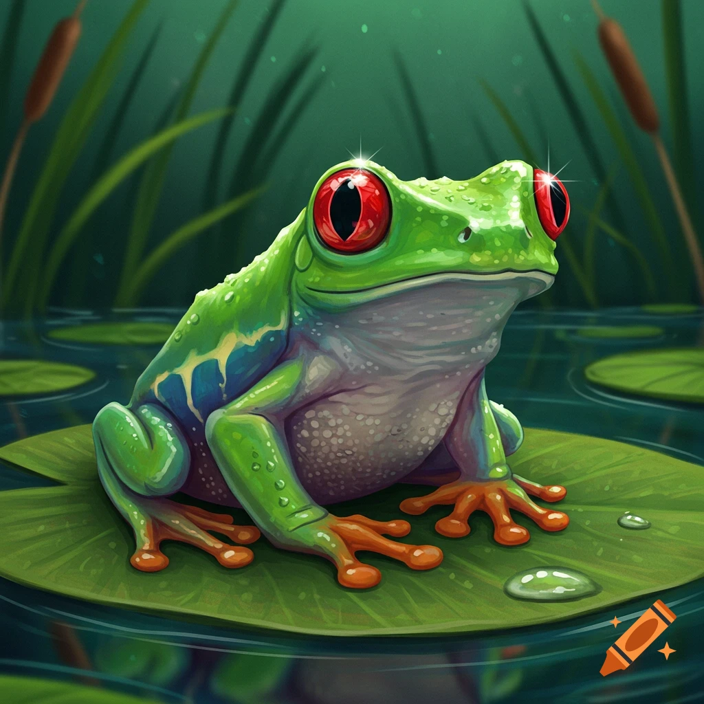 A green frog with sparkling red eyes sits on a lily pad in a pond.