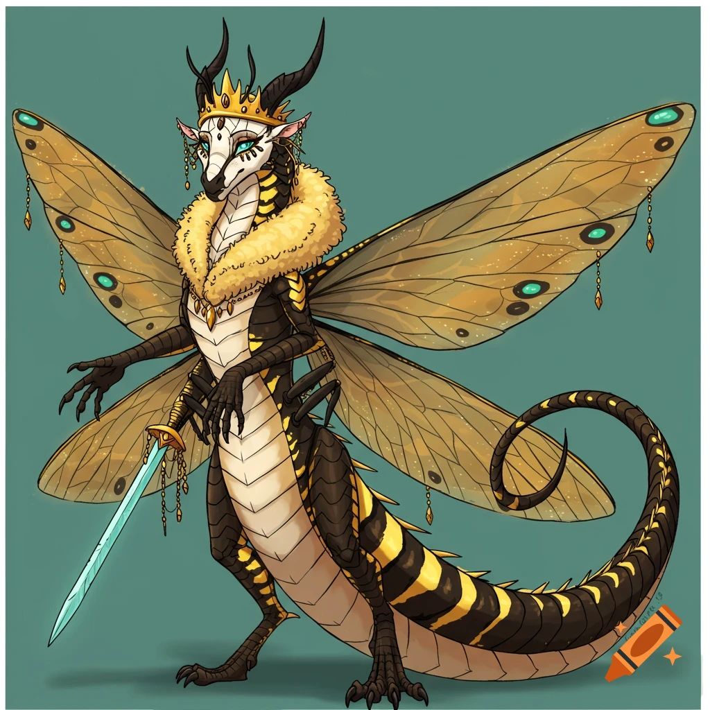 A fantasy dragon-like creature with moth wings, wearing a crown and holding a sword.