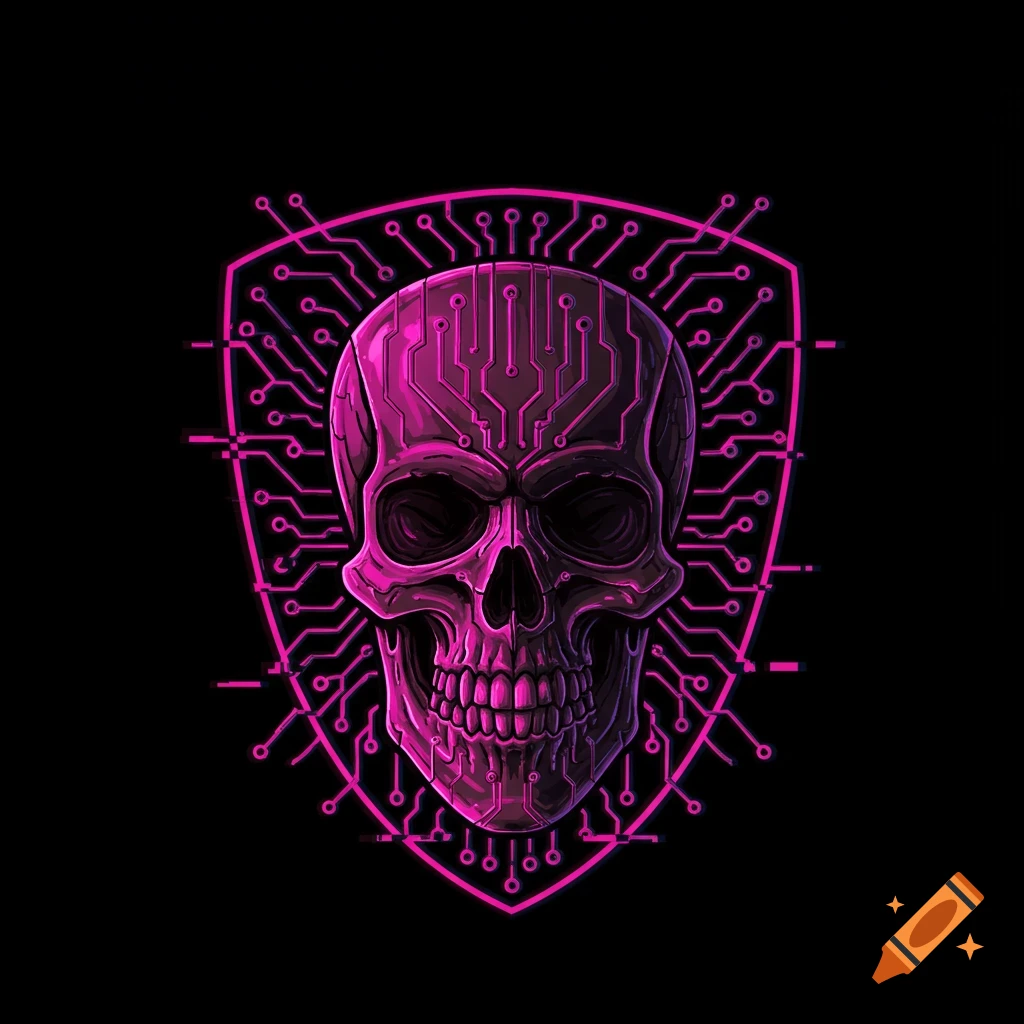 High-tech cyberpunk glitch emblem of a skull with circuitry, 90s VHS effect