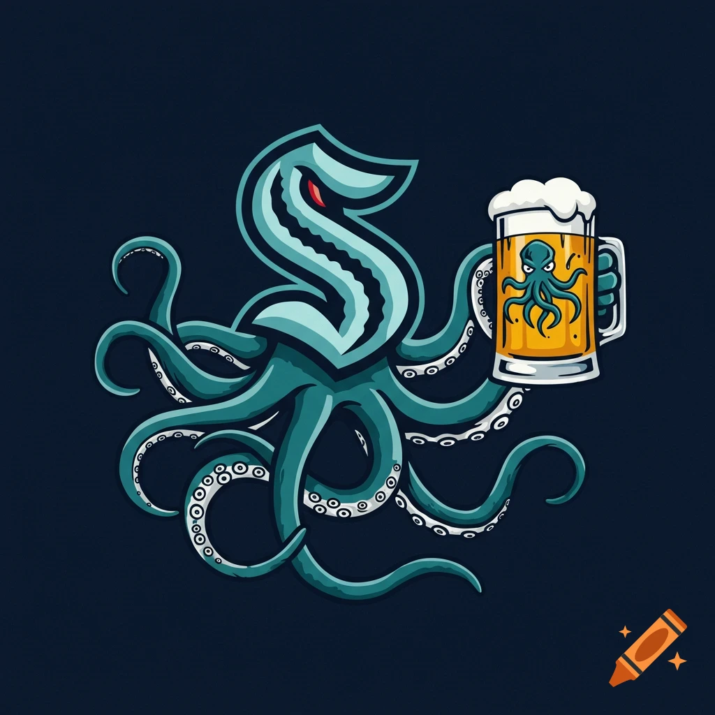 Graphic illustration of a teal octopus shaped like an 'S' holding up a mug of beer that has a small octopus graphic on the label.
