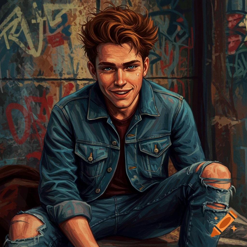 Illustration of a young man in a denim jacket and ripped jeans smiling against a graffiti wall.