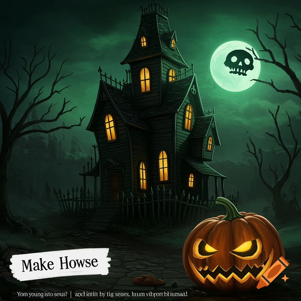 A spooky haunted house, jack-o'-lantern, and skull moon