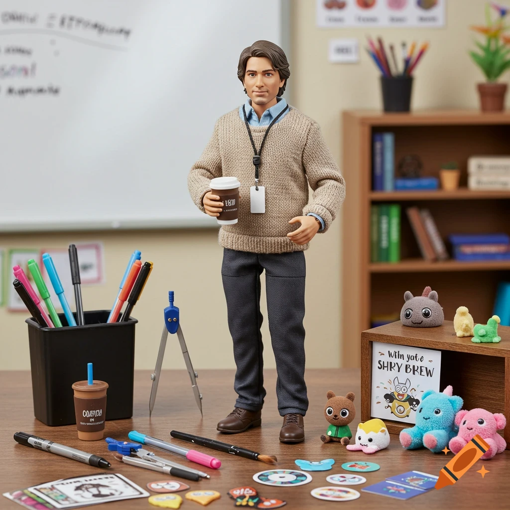 A male teacher action figure holds a coffee cup while standing at a desk with school supplies and plush toys.