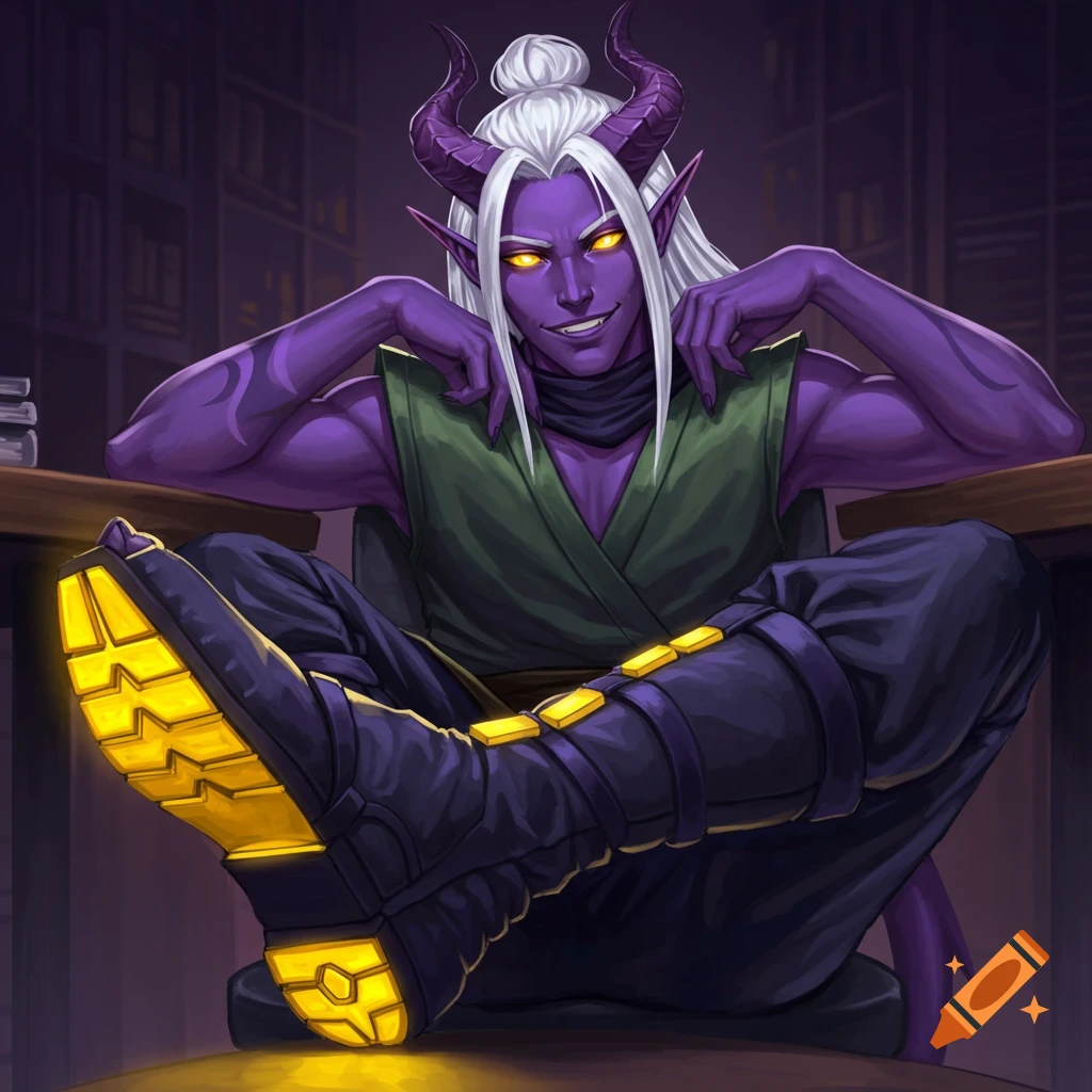 A purple-skinned male tiefling with white hair, horns, and glowing yellow eyes sits, smirking, with his two-toed boot on a desk.