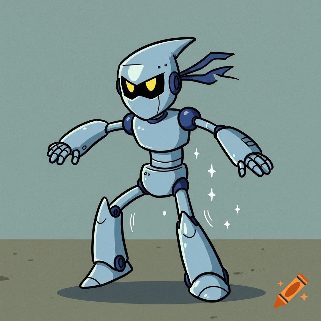 A light blue cartoon robot ninja with glowing yellow eyes stands in a dynamic pose with sparks around it.