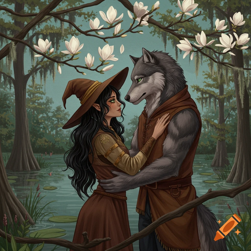 A witch and a wolf shifter embracing in a bayou with magnolia flowers.