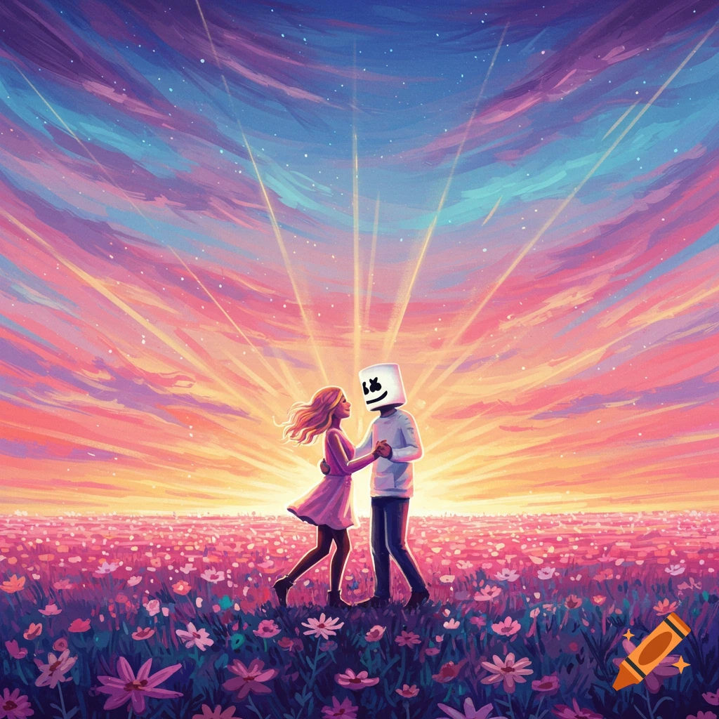 A stylized figure with a Marshmello head dances with a woman in a field of flowers under a colorful sunset sky.